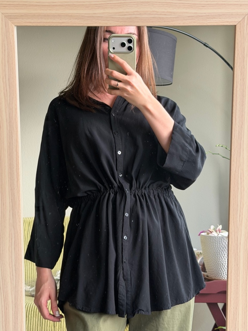 l*space Black Button-Front Long Sleeve Drawstring Tunic